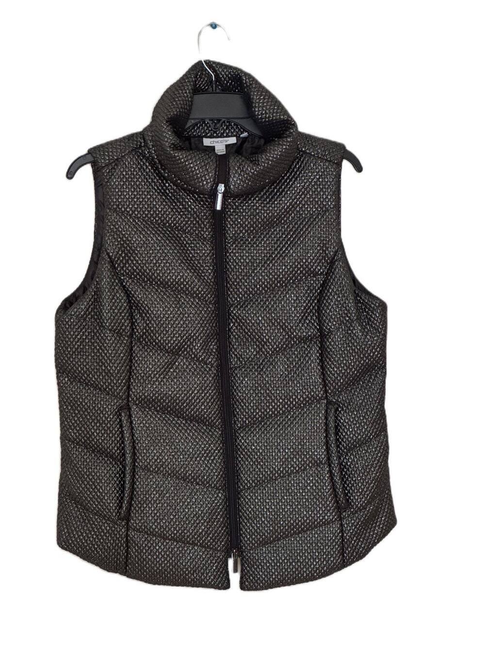 Chico's Metallic Quilted Puffer Vest 1 US 8/10 M Pewter Grey Padded Sleeveless